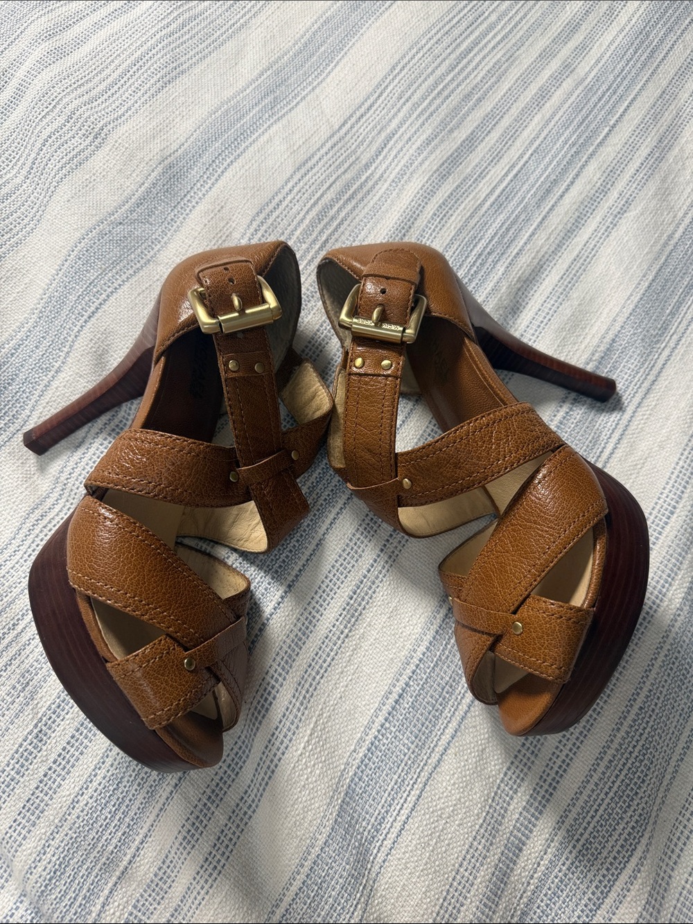 MICHAEL Michael Kors Brown Leather Strappy Platform Heels Size 8.5 - Picture 4 of 12